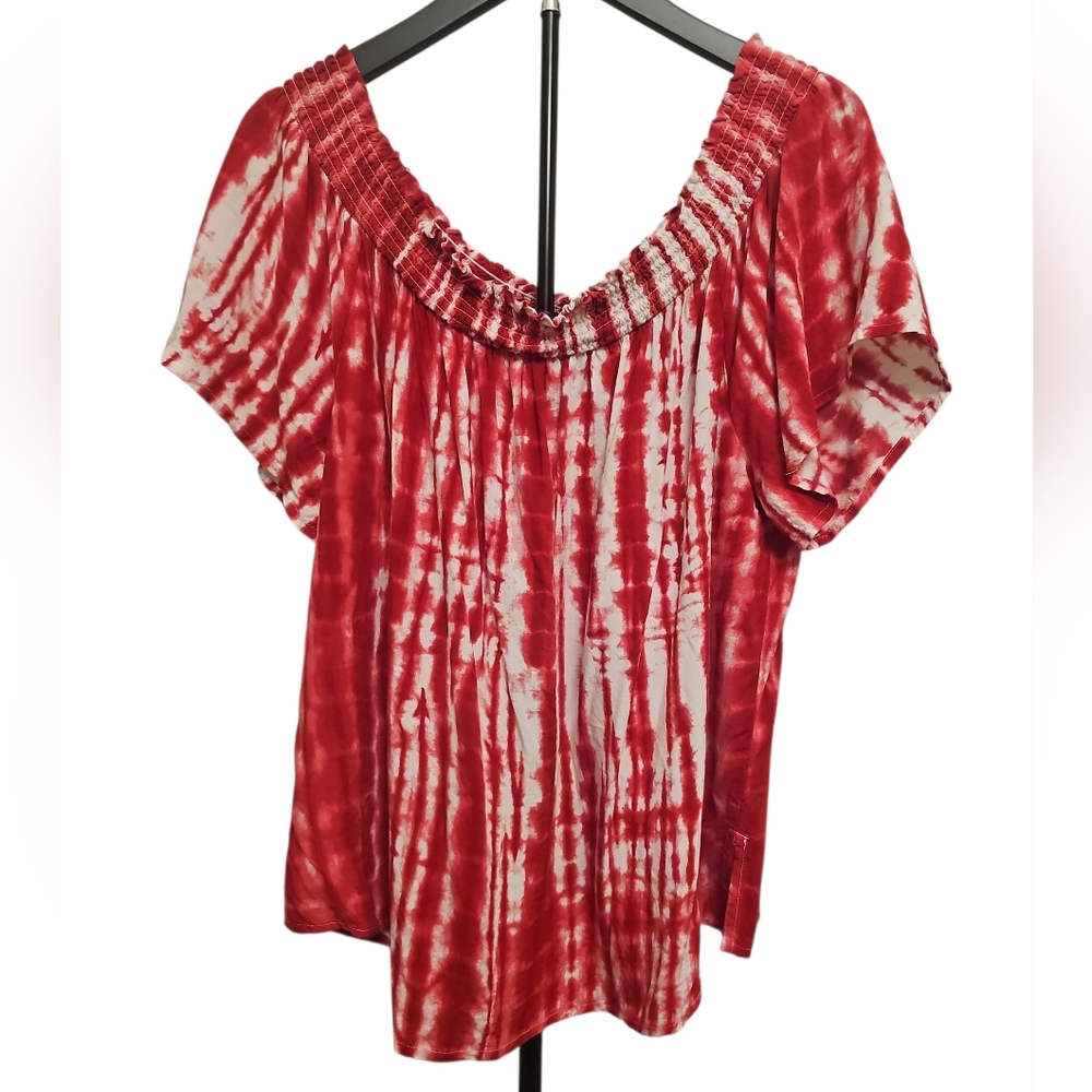 Lane Bryant 18/20 Red White Tie-Dye Short Sleeve Off The Shoulder Split Hem Top